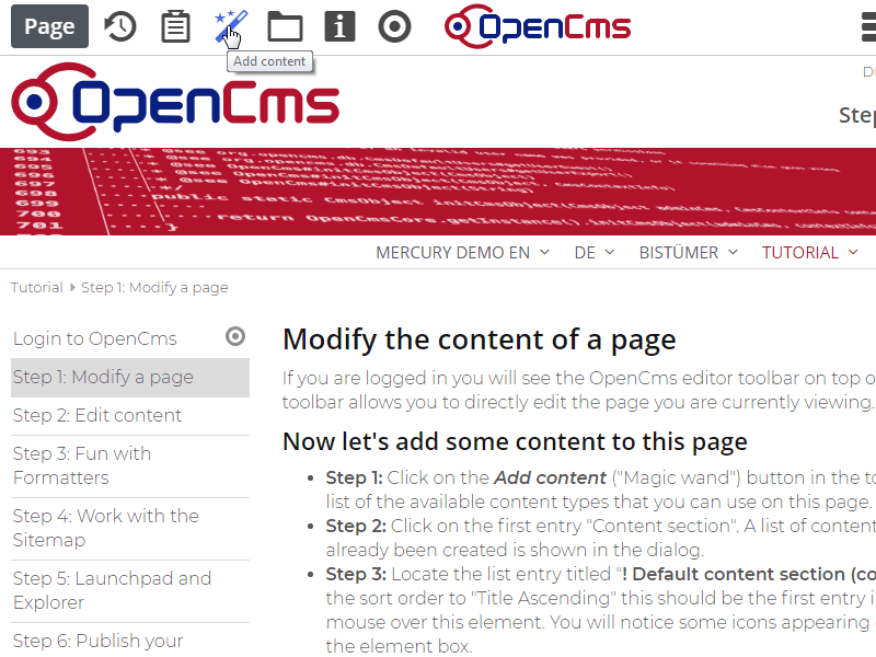 Click 'Add content' (c) CC BY-NC-SA / Alkacon Software - http://alkacon.com Click 'Add content'